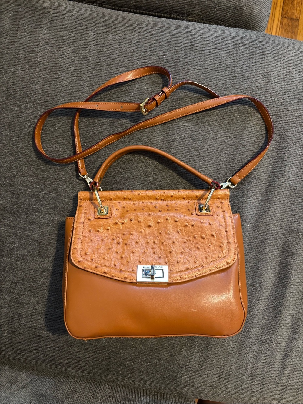 ANTONIO MELANI Tan Brown Leather Crossbody with Textured Flap